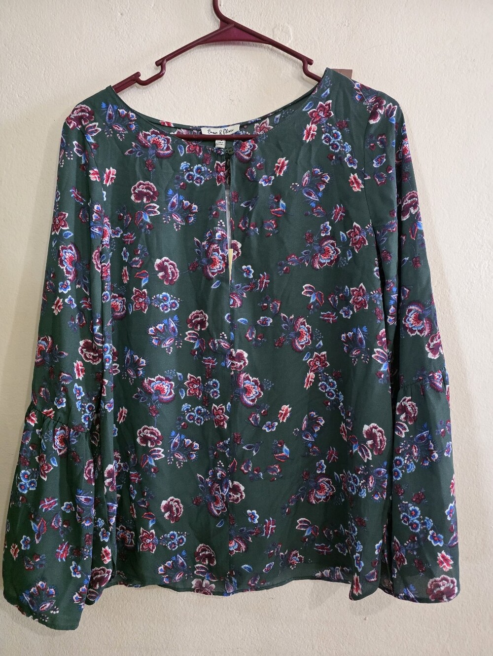 Emma & Olivia Green Floral Long-Sleeve Blouse - Casual Women Top NWT